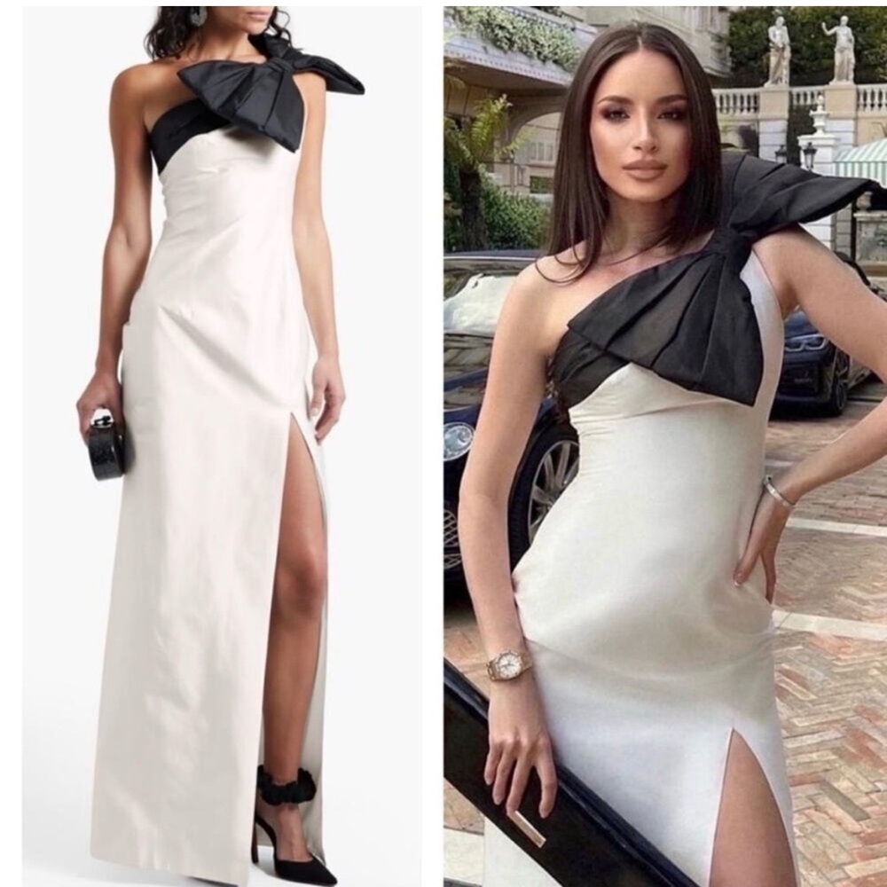 NEW RASARIO One Shoulder Bow Satin Silk High slit maxi gown dress IT 44/Size 8